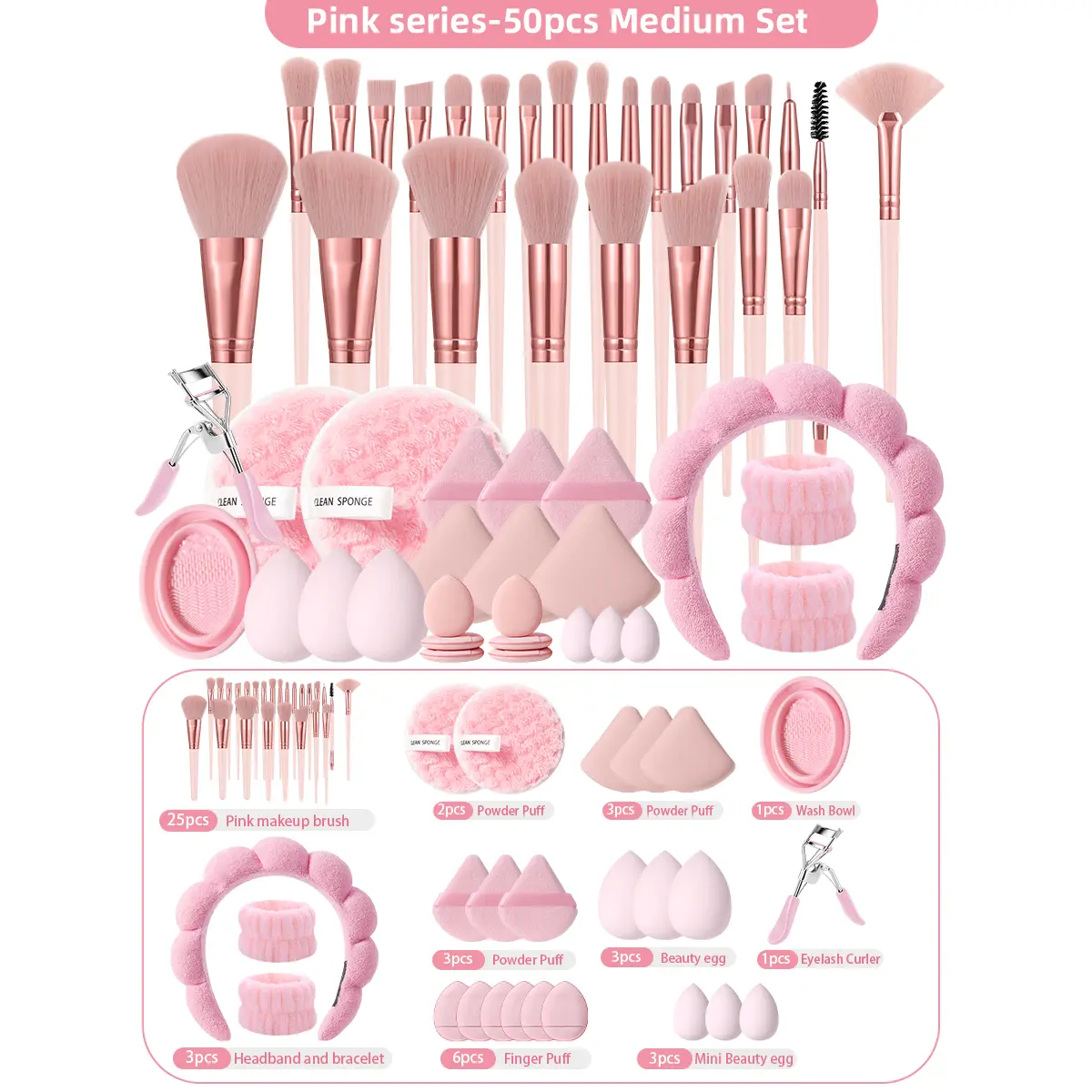 50 piece makeup tool set, including 25 makeup brushes, 8 powder puffs, 1 eyelash curler, 1 brush cleaning tool, 3 makeup eggs, 1 plush headband, 2 wristbands, 6 finger brushes, and 3 mini makeup eggs. Suitable for beginners to use daily makeup. Makeup set