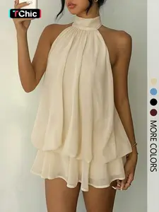 Women's Simple Solid Backless Halter One-Piece Romper, Elegant Ruffle Design, Perfect for Casual Wear, All Seasons Fashion, Womenswear