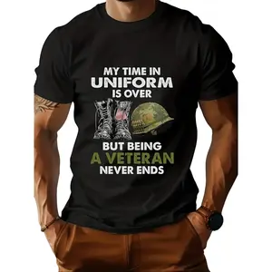 Summer Aesthetic Tee Viral Trending Men's Military Veteran T-Shirt - "My Time in Uniform is Over But Being a Hero Never Ends" Army Navy Air Force Marine Corps Insignia Design, Black with White Print, Casual Crew Neck Cotton Blend Tee for Veterans, Soldier
