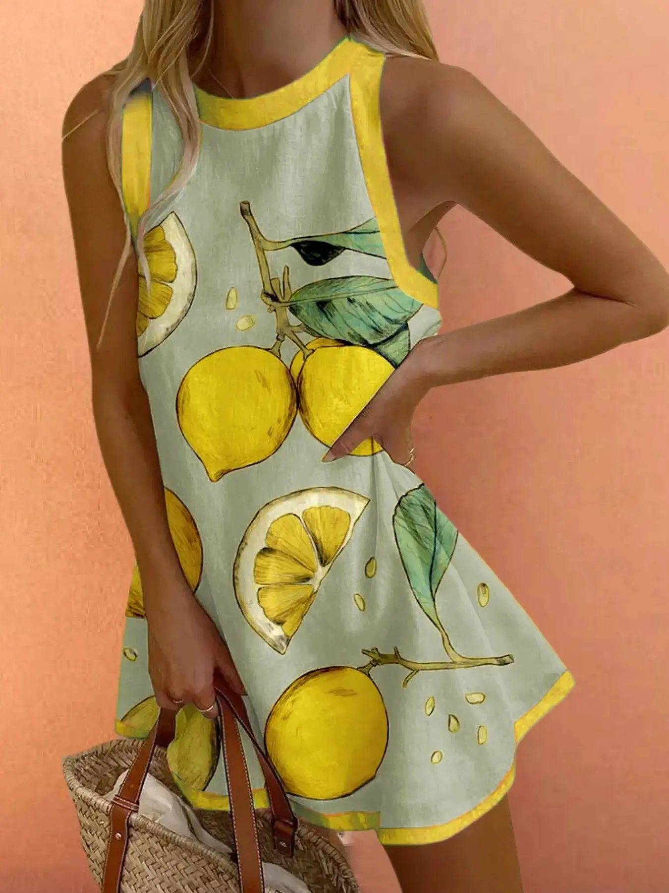 Boho Summer Holiday Beach Casual Wear Bohemian Daily Wear Vacation Comfortable Loose Fit Women's Colorblock Lemon Leaf Pattern Sleeveless Casual Chic Dress, Ladies Brunch