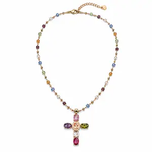 Colorful Cross Necklace for Women Y2K Dainty Gold Plated Cross Necklace Vintage Inspired Rainbow Gem Cross Necklace