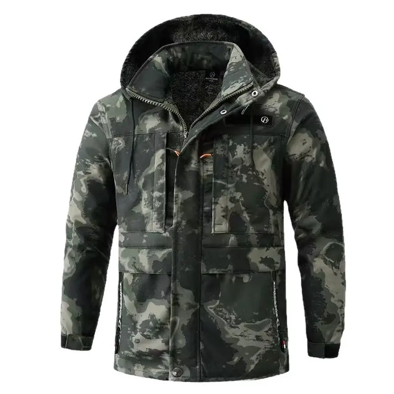 Men's Flame-Resistant Camouflage Welding Coat, Long Sleeve Cotton Menswear with Leather Panels, Thermal Lining, Pockets, and Snap Closure, Sleeves, Stripes, Reflective, Welding Jacket