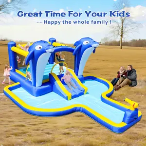 8-in-1 inflatable slide water park trampoline bouncy house for outdoor gardens, featuring a dolphin sprinkler, target games, water guns, and basketballs