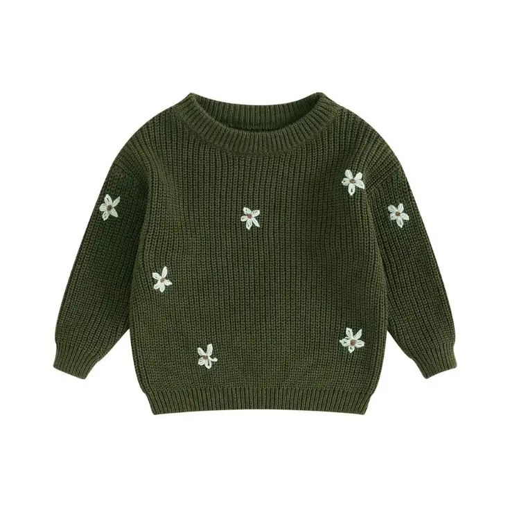 Flower embroidered knit sweater in Army Green