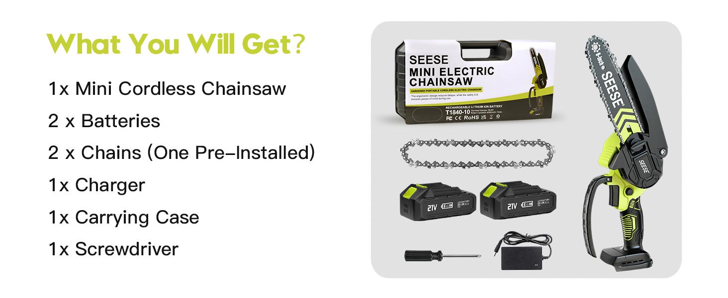 SEESE Brushless Mini ChainSaw Oil System- Portable Electric Cordless Saw for Wood Cutting, Batteries (2000mAh) ,Pruning, Gardening, Camping - Suitable for Seniors, Women Holiday gifts