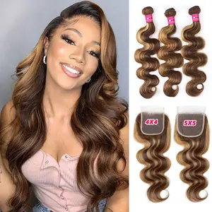 5x5 Lace Closure With Bundles P4 27 Highlight Body Wave Bundles With Closure Ombre Brown Colored Human Hair Bundles With Closure