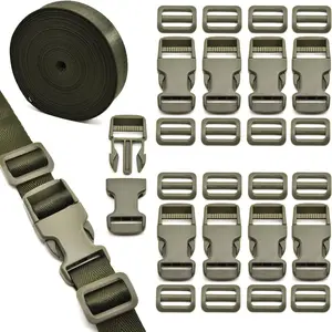 1 inch Buckles Straps Set with 10 Yards Nylon Webbing, 10 count Quick Side Release Plastic Buckle, 20 count Tri-glide Slide Clip for Luggage and Backpack Replacement (Army Green)