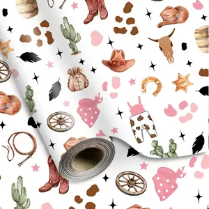 Little Cowgirl Wrapping Paper -Mini Roll- 17 Inch x 32.8Ft  Brown Cowgirl Hat Clothes Cactus  Wrap Art Paper for Western Birthday  Shower, Double-Sided