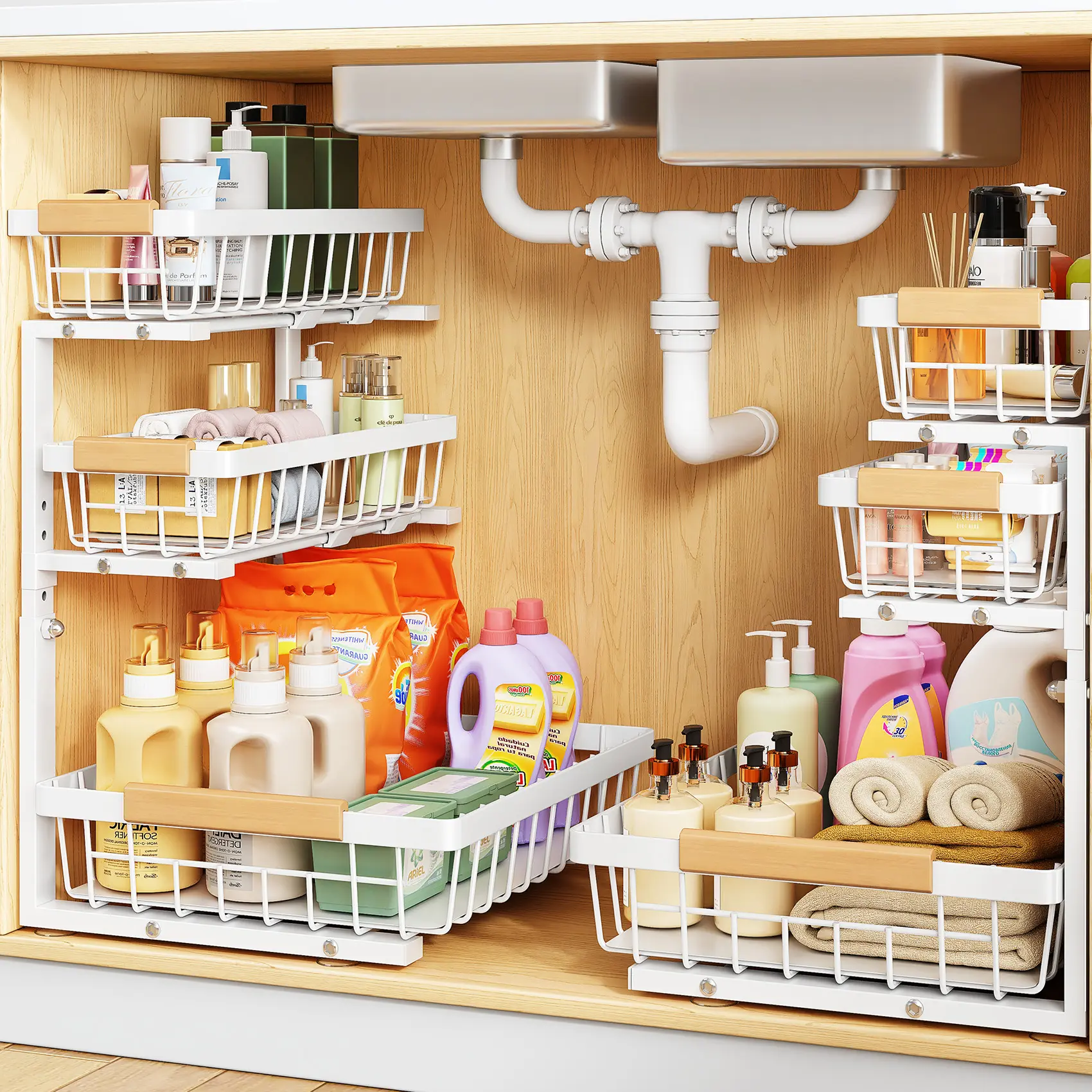 Kitstorack 3-Tier Pull Out Under Sink Organizer - Heavy Duty Metal Storage Drawer for Kitchen Pantry