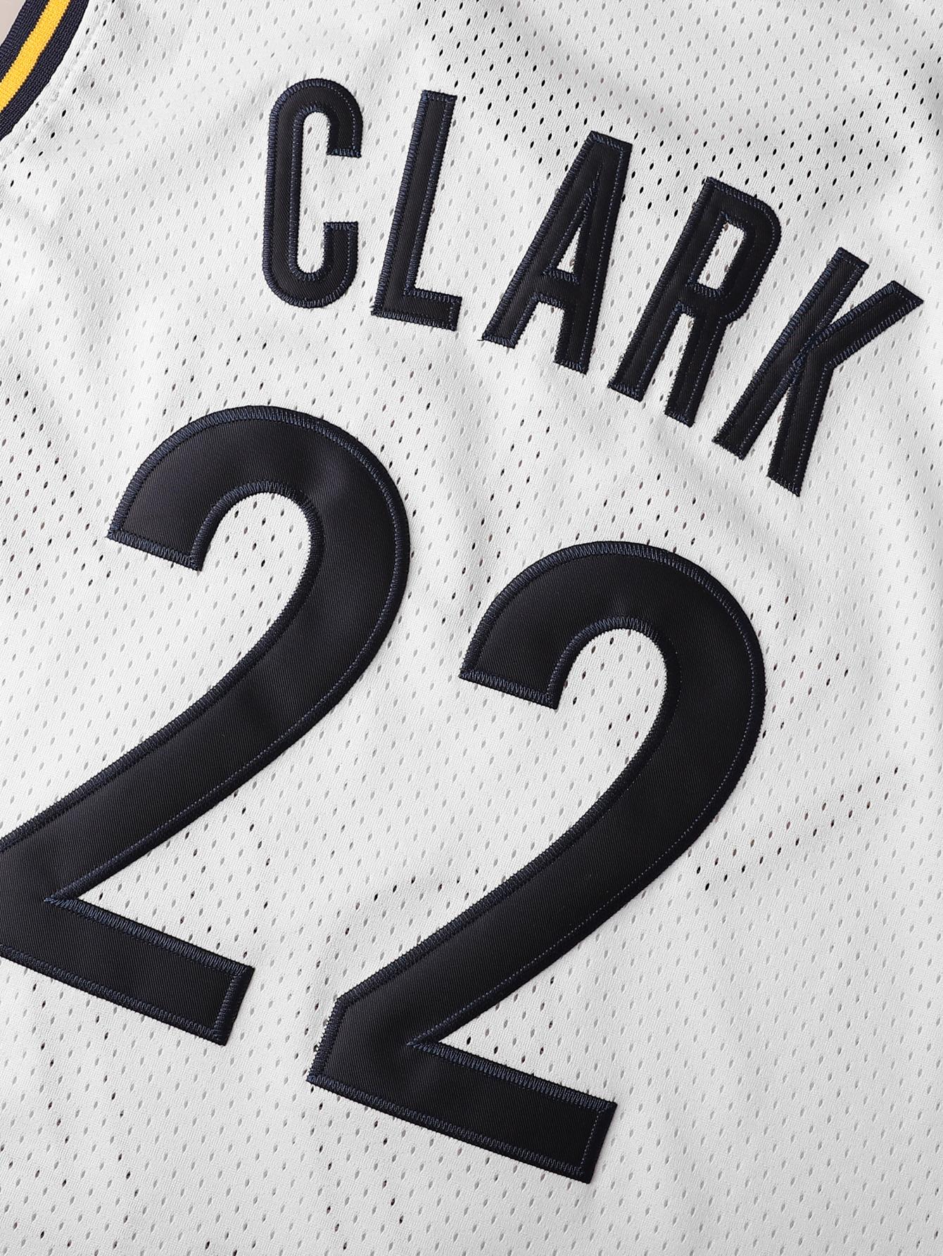 Men/Women's #22 Clark Breathable Mesh Basketball Jersey Crew Neck Red&Yellow Striped Lightweight Sleeveless Top with Embroidered Lettering Indiana Vibes Set