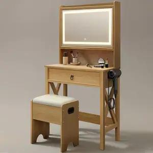 24" Small Farmhouse Vanity Desk with Lighted Mirror & Charging Station, Rustic Brown Makeup Table Set with Stool, Hidden Storage & Top Shelf, Industrial X-Frame Compact Dressing Desk for Bedroom