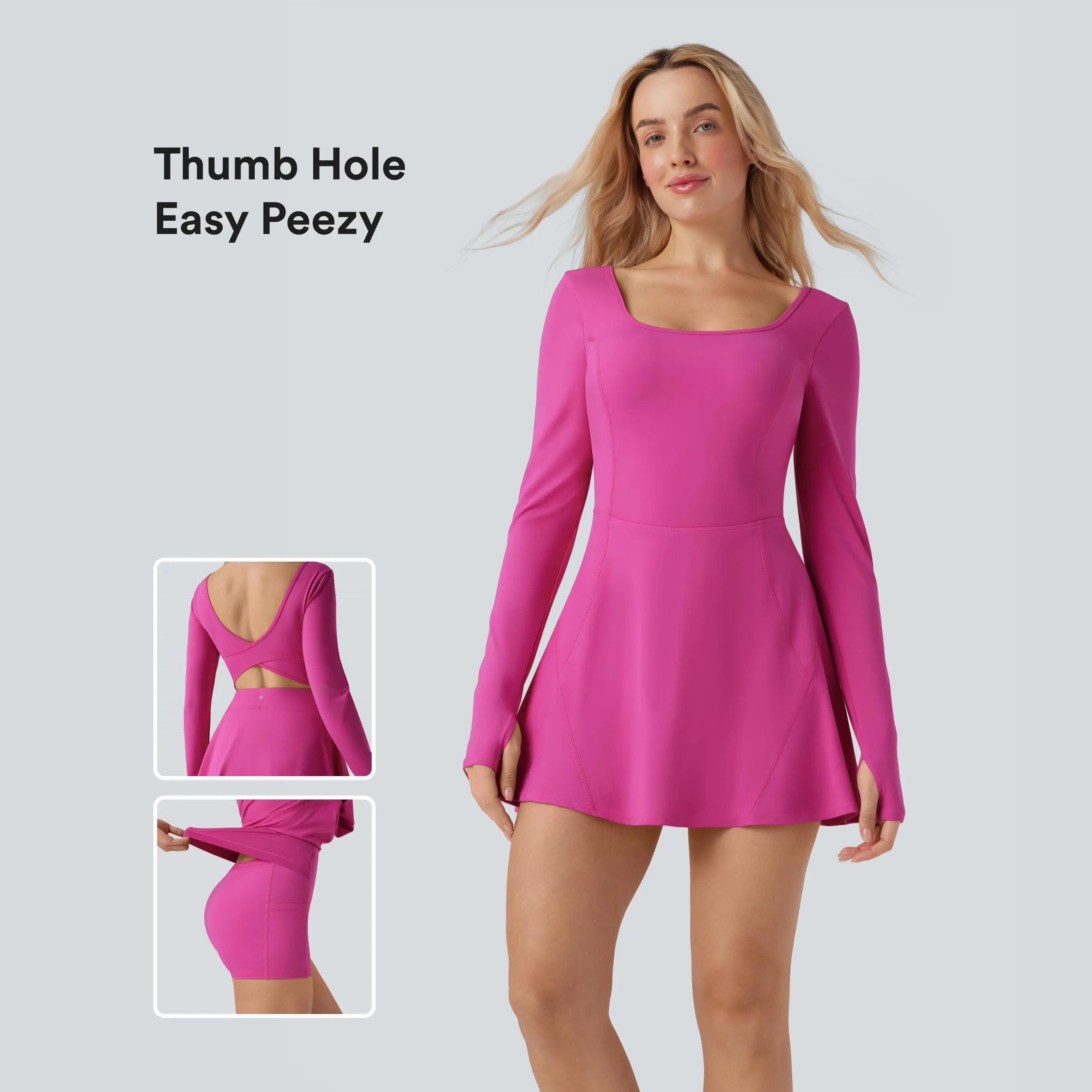 Halara SoftlyZero Airy U Neck Long Sleeve Thumb Hole 2-in-1 InstantCool Mini Dance Active Dress with Pockets-Easy Peezy