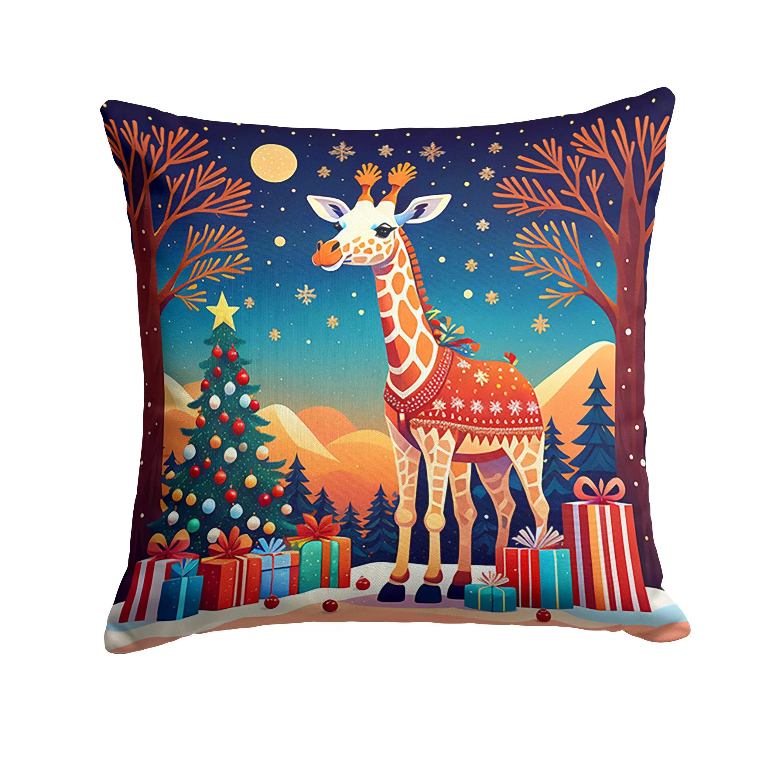 Giraffe Print Christmas Decorative Pillow - 14x14 in Handcrafted Vibrant Cushion with Waterproof, Fade-Resistant Polyester Fabric for Patio/Porch