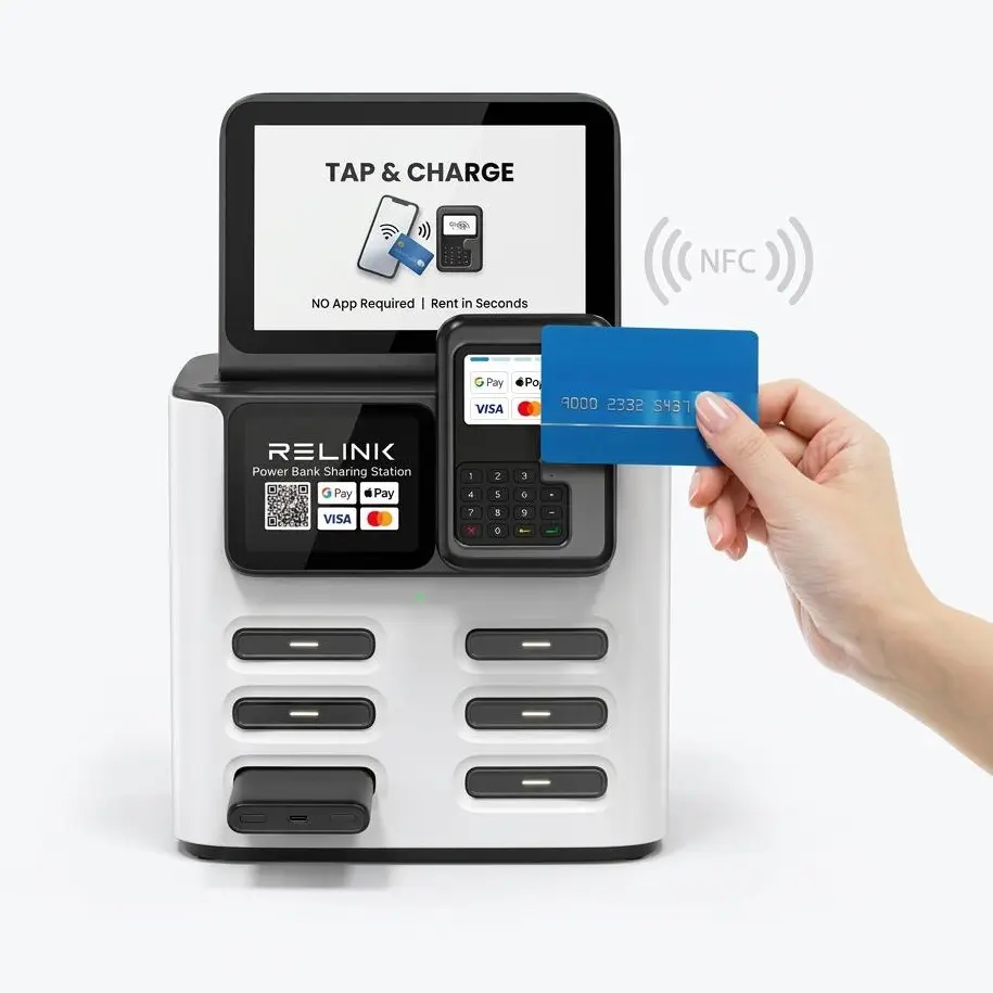 6-Slot Power Bank Rental Station Kiosk - Commercial Phone Charging Vending Machine with Integrated POS Payment System, Remote Management and Anti-Theft Design for Hotels, Bars, and Malls