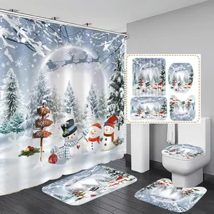 Winter Christmas Shower Curtain Set Xmas Snowman Theme Shower Curtain Decor Bathroom Set with Rugs Christmas Waterproof 4 Pcs
