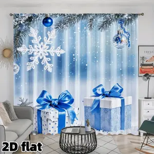 2D Flat 2Pcs Christmas Snowflake Gift Box Printed Curtains, Blue White Holiday Pattern, Winter Snow Scene Design, Rod Pocket Style, Semi Sheer Polyester Material, Perfect for Living Room Bedroom Window Home Decor, Season Home Decoration Curtain