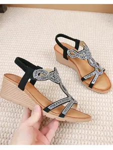 2026 New Rhinestone Wedge Heel Women's Sandals, Summer Limited Edition Non-Slip Toe-Exposed Beach Shoes, Essential Goddess Style