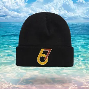 S&T Six Seven Meme 67 Knitted Beanie, Unisex - Lightweight Stretchy Universal Winter Beanie with 67 Number Design and Yellow Letters, Machine Washable Casual Warm Hat, Suitable for Casual Wear, Sports, and Outdoor Activities (One Size)