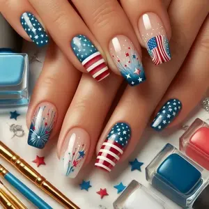 [24pcs Patriotic Nail Stickers] 24pcs Red White & Blue Patriotic Nail Stickers | Medium Length Square Glossy Finish Removable Fake Nails for 4th of July, Independence Day Nail Art Decorations