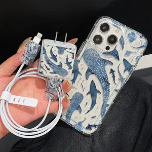 5-Piece iPhone Case Cover Set with Clear Transparent Airbag Whale Shark Full Screen, Charger Case, 2 Cable Holder Cases, and Silicone Cable Tie, Accessories Protector, Compatible with iPhone 11 to 15 Series