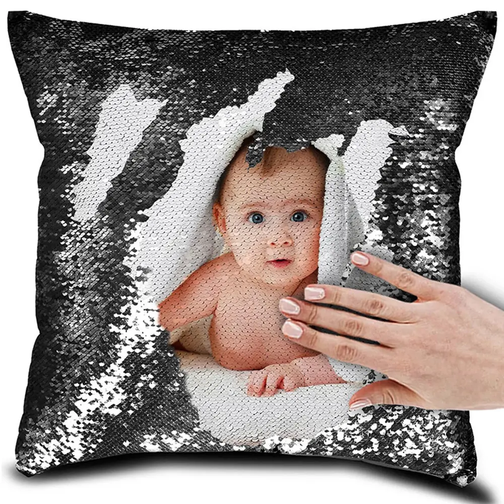 Personalized Picture Magic Reversible Custom Throw Pillowcase, DIY Design Sequin Pictures Photos, Single Side Printed, Pet, Lover & Family Photo Throw Pillow Case, 16''x16'' (Case Only) (Champagne)