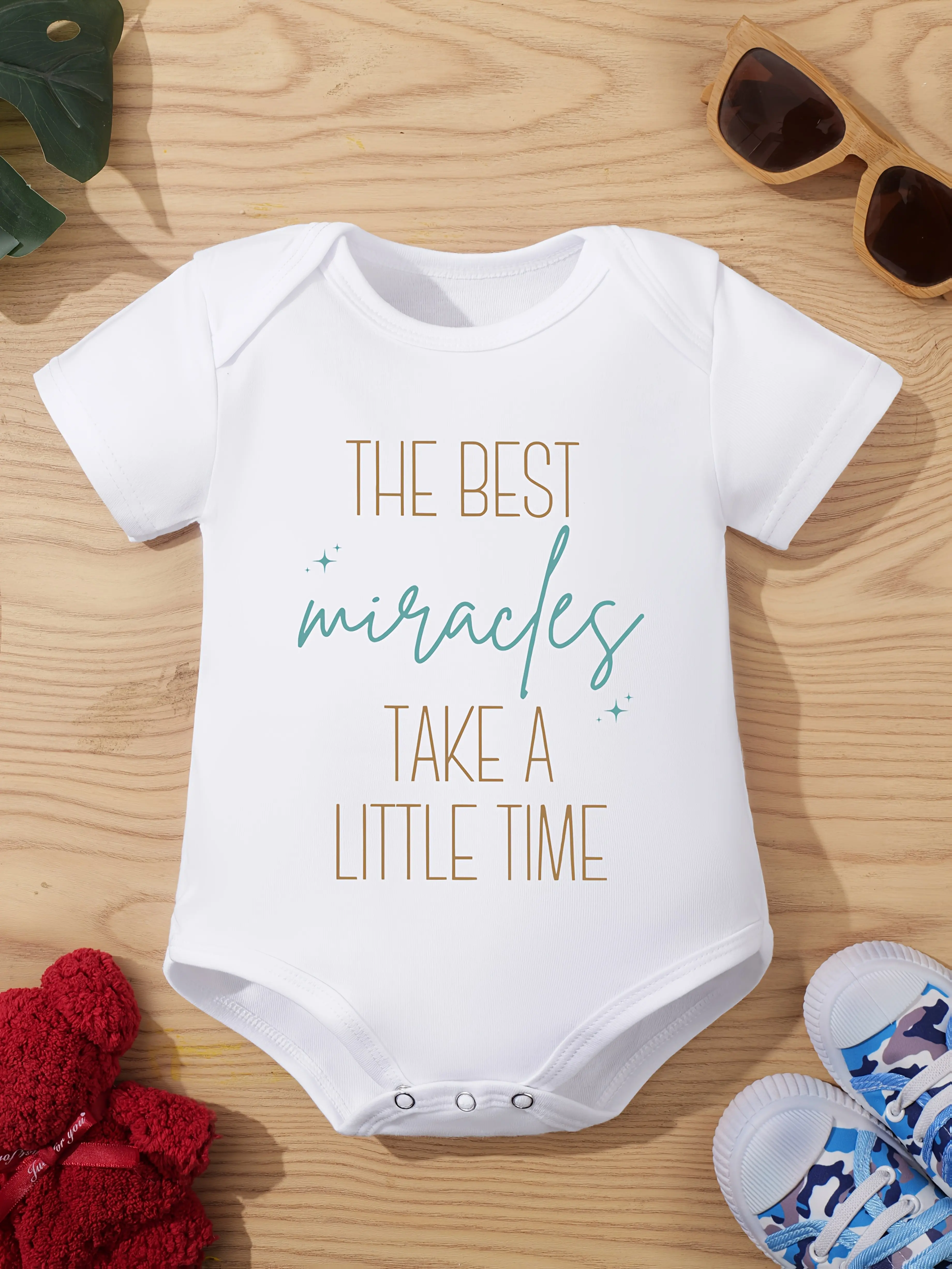 Unisex Fitted Cotton Baby Bodysuit - "The Best Miracles Take A Little Time" Inspirational Sparkle Graphic, Cute Infant Clothes Without Guard Casual