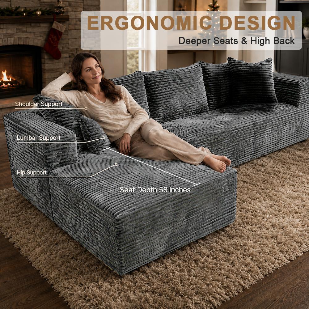 DIGWAC 106" L-Shape Modular Sectional Couch with 49" Chaise Lounge, Upgraded Independent Pocket Spring Base, Soft Corduroy Sofas Upholstery, Memory Foam Padding, Multi-Position Recliner, 6 Colors for Living Room Furniture, L Shape Couch, Couch For Living