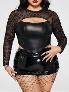 Plus Size Black Mesh Sleeve Top for Women – Sexy Faux Leather Crop Top with Fishnet Long Sleeves, Cutout Front, All-Season Night Out Clubwear, Wild Series