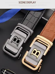 New Fashion Trend Men's Automatic Buckle Leather Business Belt, Versatile Genuine Denim Waistband, Casual All Seasons Accessory, Western Buckle Belt