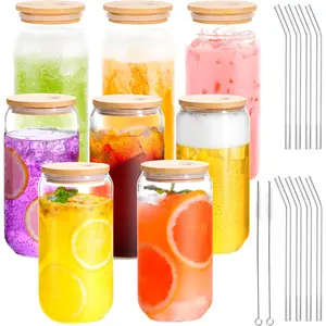 8 Pack Glass Cups Set 16oz Drinking Glasses with  Lids and Straws  Glass Tumbler for Mojito Soda Smoothies  Iced Coffee   Juice