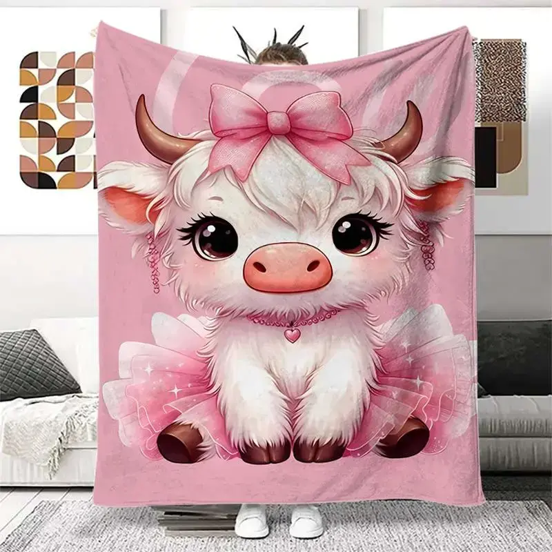 Highland Cow Pattern Flannel Blanket, 280g/m² Polyester Soft Throw, Modern Animals Design, Machine Washable for Home & Travel, Cozy Lightweight Retro Festive Holiday Christmas Gift
