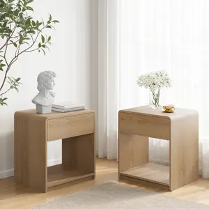 Mid-century modern bedside table set, 2 pieces, with storage drawers and open shelves, bedroom side table with rounded corners, compact bedside table set, oak color