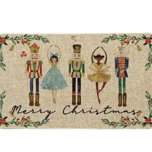 Watercolor Nutcrackers Merry Christmas Welcome Decorative Doormat, Seasonal Winter Low-Profile Rug Switch Mat for Indoor Outdoor 17x29 Inch