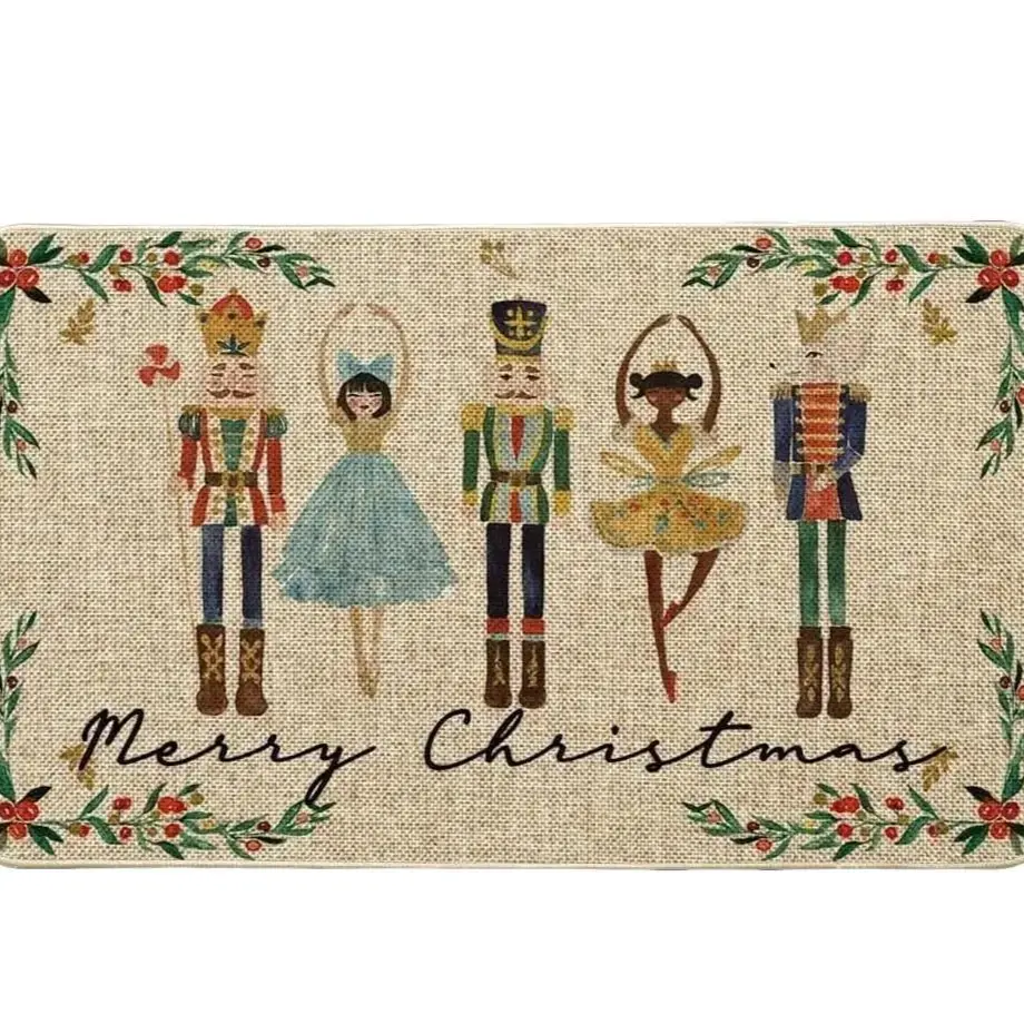Watercolor Nutcrackers Merry Christmas Welcome Decorative Doormat, Seasonal Winter Low-Profile Rug Switch Mat for Indoor Outdoor 17x29 Inch