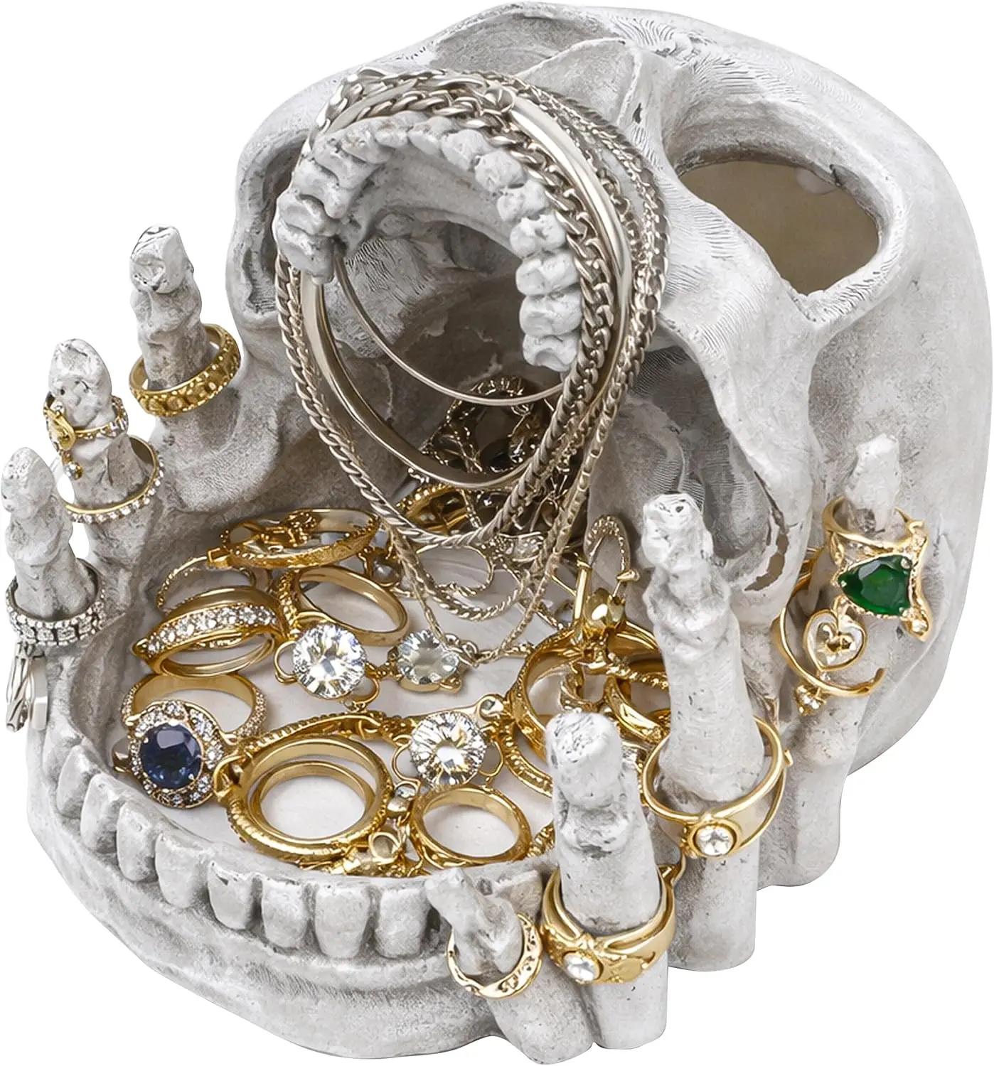 Resin Skull Shaped Jewelry Holder for Ring & Charm, Gothic Skull Decorative Storage for Earring Trinket, White Dark Aesthetic Halloween Decor, Shelf Display Gift for Bedroom, Living Room Home Office