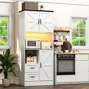 Kitchen Pantry Storage Cabinet with LED Lights and Power Strip, Tall Farmhouse Kitchen Pantry with Barn Doors and Drawers, Adjustable Shelves for Dining Living Room