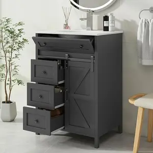 Vabches Bathroom Vanity with Sink Set, Freestanding Bathroom Storage Cabinet with Sink and Matte Silver Faucet, Bathroom Cabinet with Drawers and Sliding Door