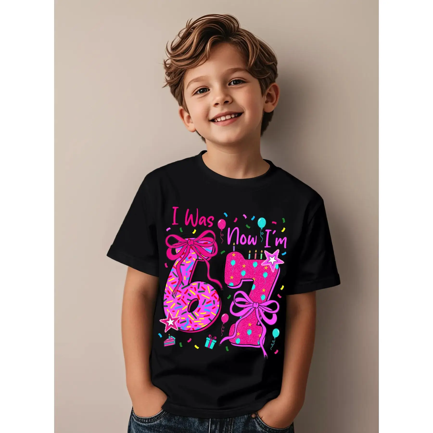 7th Birthday Girl I was 6 Now I'm 7 Year Old 67 Birthday Funny Aesthetic Graphic Kid T-Shirt Popular Kid T Shirts Trendy Cool Tees Tops for Kid