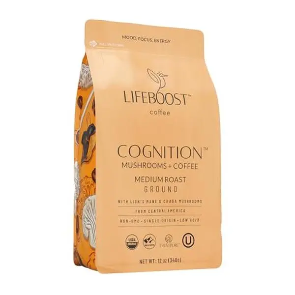 Lifeboost Cognition Adaptogenic Mushroom Coffee - Lions Mane & Chaga Nootropic Coffee - Great Tasting Medium Organic Coffee - Increase , Boost Focus & Immune Support - 12 oz Bag - Ground
