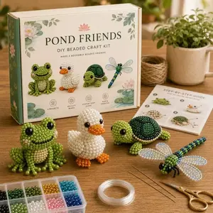 Four animal sets 3D Beaded Animal DIY Kit - 4-Piece Beginner Friendly Beading Craft Set with All Materials Included，Accessories include needle and thread, instruction manual, transparent white box, beads, storage bag and iron ring, scissors not included