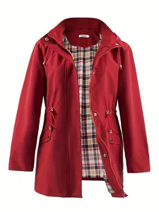 【Plus Size】 Plain Drawstring Hooded Trench Coat, Casual Long Sleeve Zipper Fitted Jacket, Outerwear for All Seasons, Women's Clothing for Daily Wear