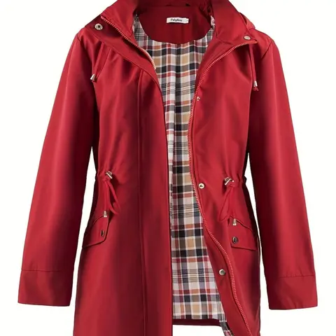 【Plus Size】 Plain Drawstring Hooded Trench Coat, Casual Long Sleeve Zipper Fitted Jacket, Outerwear for All Seasons, Womenswear, Women's Clothing for Daily Wear