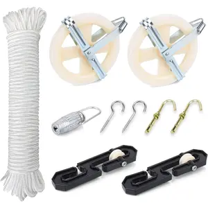 TooTaci Outdoor Clothesline Kit, 5" Nylon Clothesline Pulley Kit, 150ft Polyester Clothes Line Rope Outdoors Heavy Duty, Clothes Line Pulley Kit with S Separator Spreader, Rope Tightener, Hook