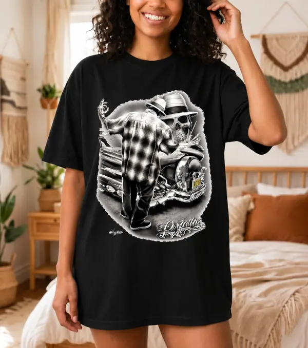 David Gonzales Mens Perfection Lowrider Washed Cotton T Shirt, DGA Art Graphic Tee, Chicanos Clothing, Skeleton Graphic Shirt, Summer Gift
