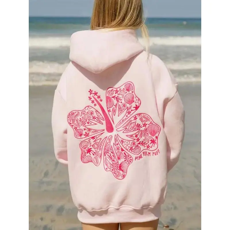 Women's Retro Floral Hoodie – Oversized Cotton Long Sleeve Pullover with Embroidered Flowers, zip hoodie,outfits,Loose Y2K Streetwear for Beach & Casual Days, TikTok Viral