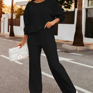 USBoutique Chic Women's Fall 2 Piece Outfits Sweatsuits Quarter Button Long Sleeve Sweatshirt & Wide Leg Pants Tracksuit Lounge Sets Medium Size
