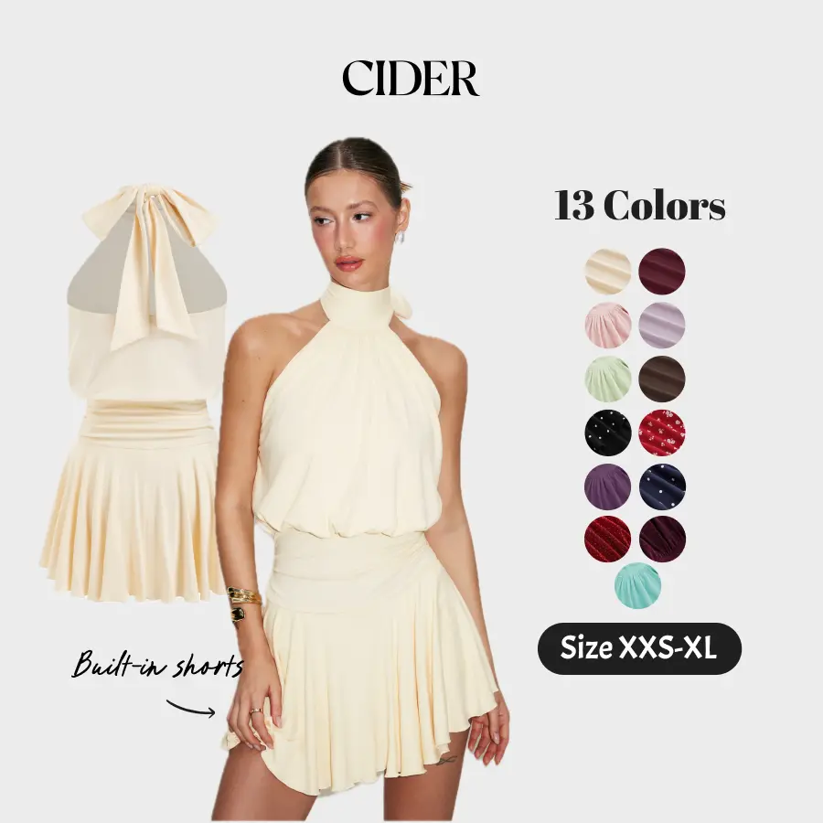 Cider Stand Collar Sleeveless A-Line Built-in Shorts Mini Dress with Scarf