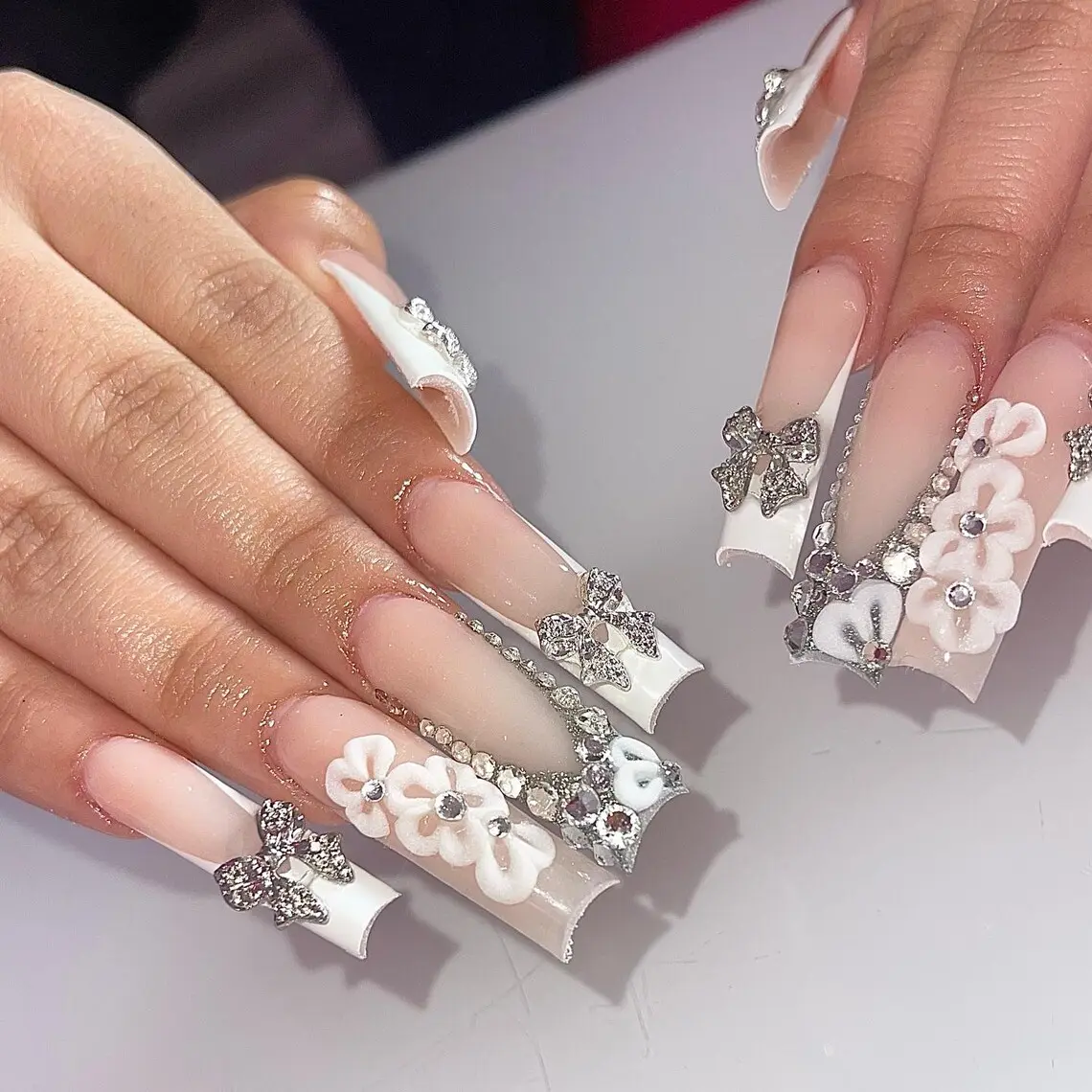3D Flower French Tip Press-On Nails, Square White-Silver Design with Rhinestone Bow Charm, Luxury Date Night Nail Art Decor Accessory