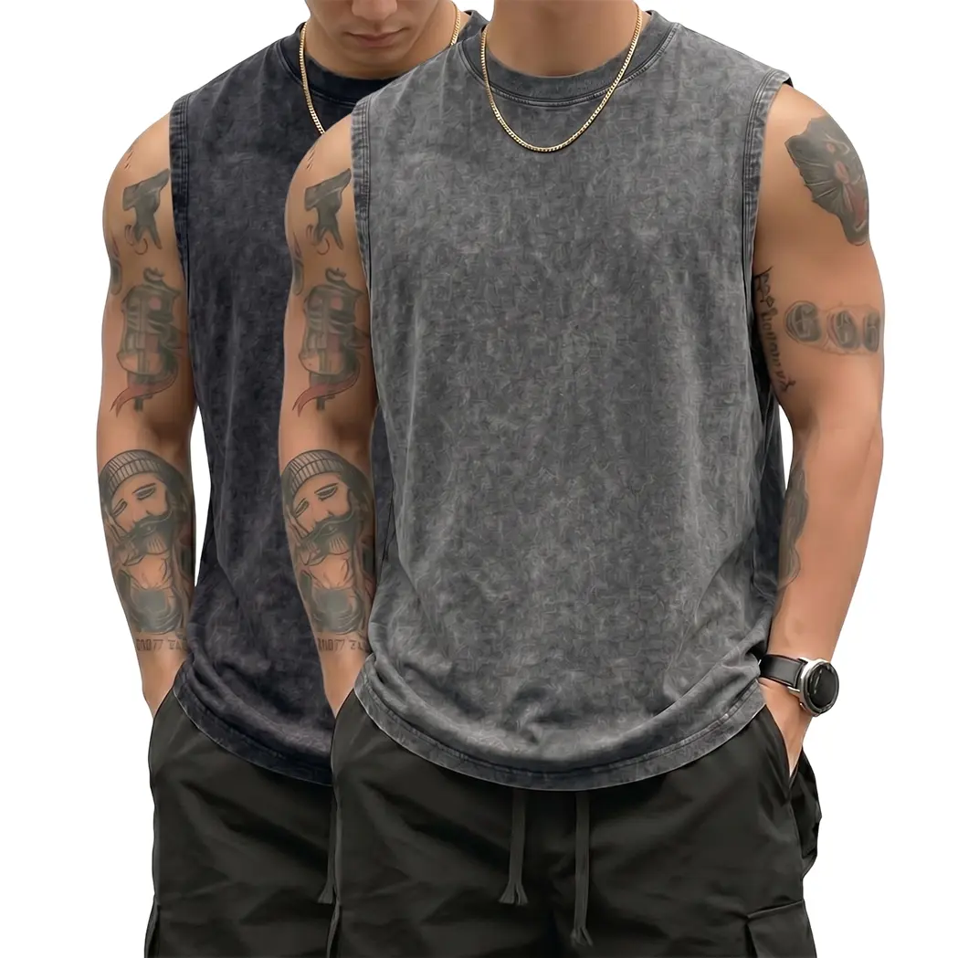 2-PACK Vintage Wash Sleeveless Muscle Shirts For Men, Lightweight Comfort 100% Cotton Material, Classic Crew Neck Design, Clean Fit Streetwear Basic Tops, Dual Color Multipack Suitable For Fitness Travel And Everyday Wear Bundle