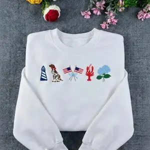 [MADE IN US] Icon Embroidered Patriotic East Coast July 4th USA Sweatshirt, Nantucket Maine Delaware Florida Great Lakes